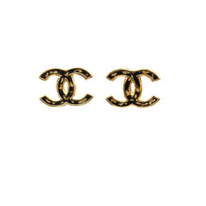 Chanel 23C Gold Black Interlocking CC Logo Classic Drop Statement Stud Earrings